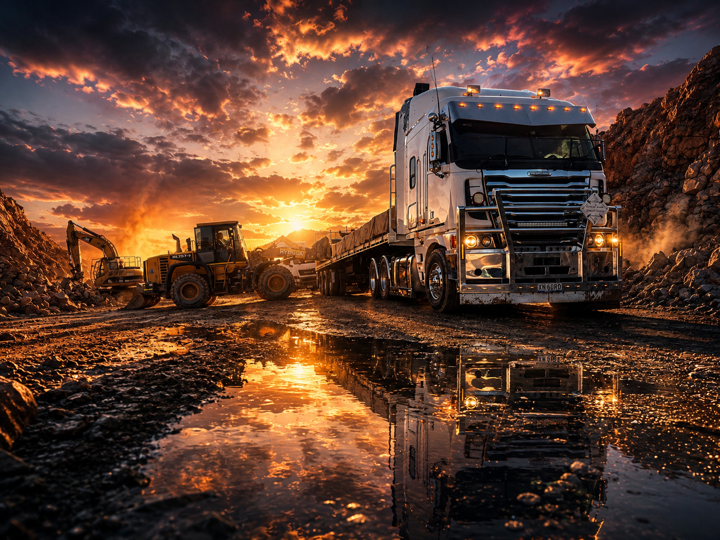 I&C Haulage prime mover and flatbed trailer at a quarry at sunset
