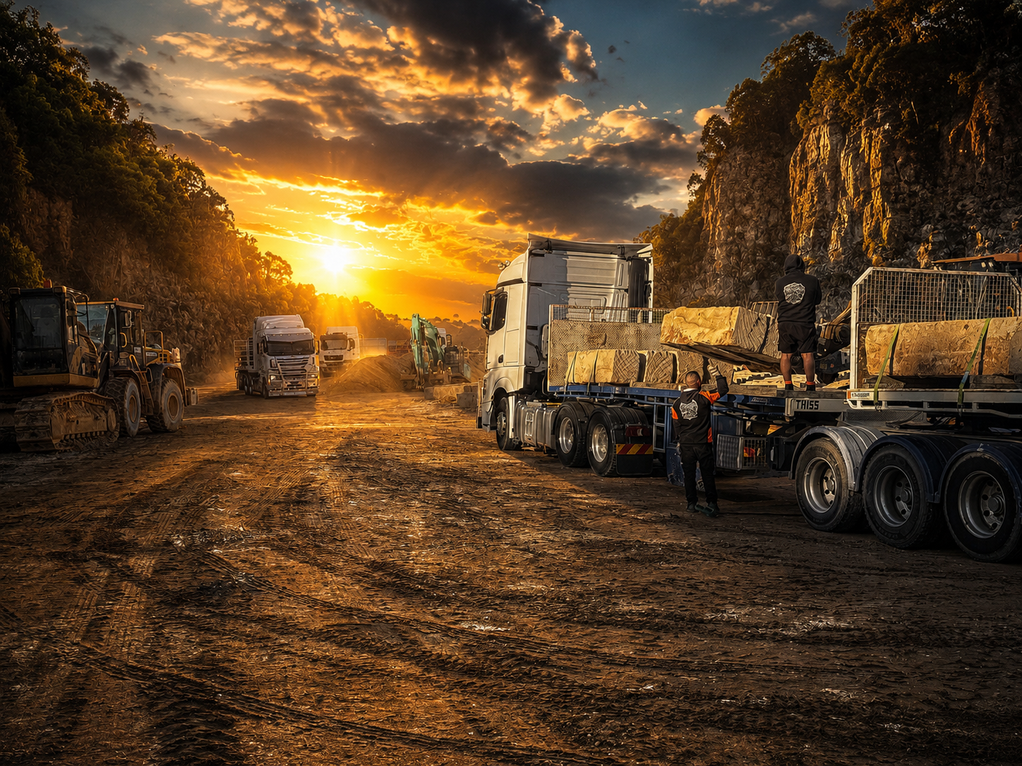 Crew loading sandstone blocks onto an I&C Haulage flatbed trailer at a quarry